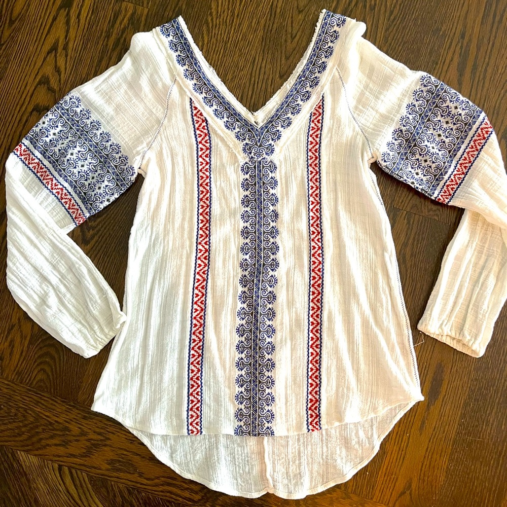 Free People White Gauze Tunic with Blue and Red Embroidery